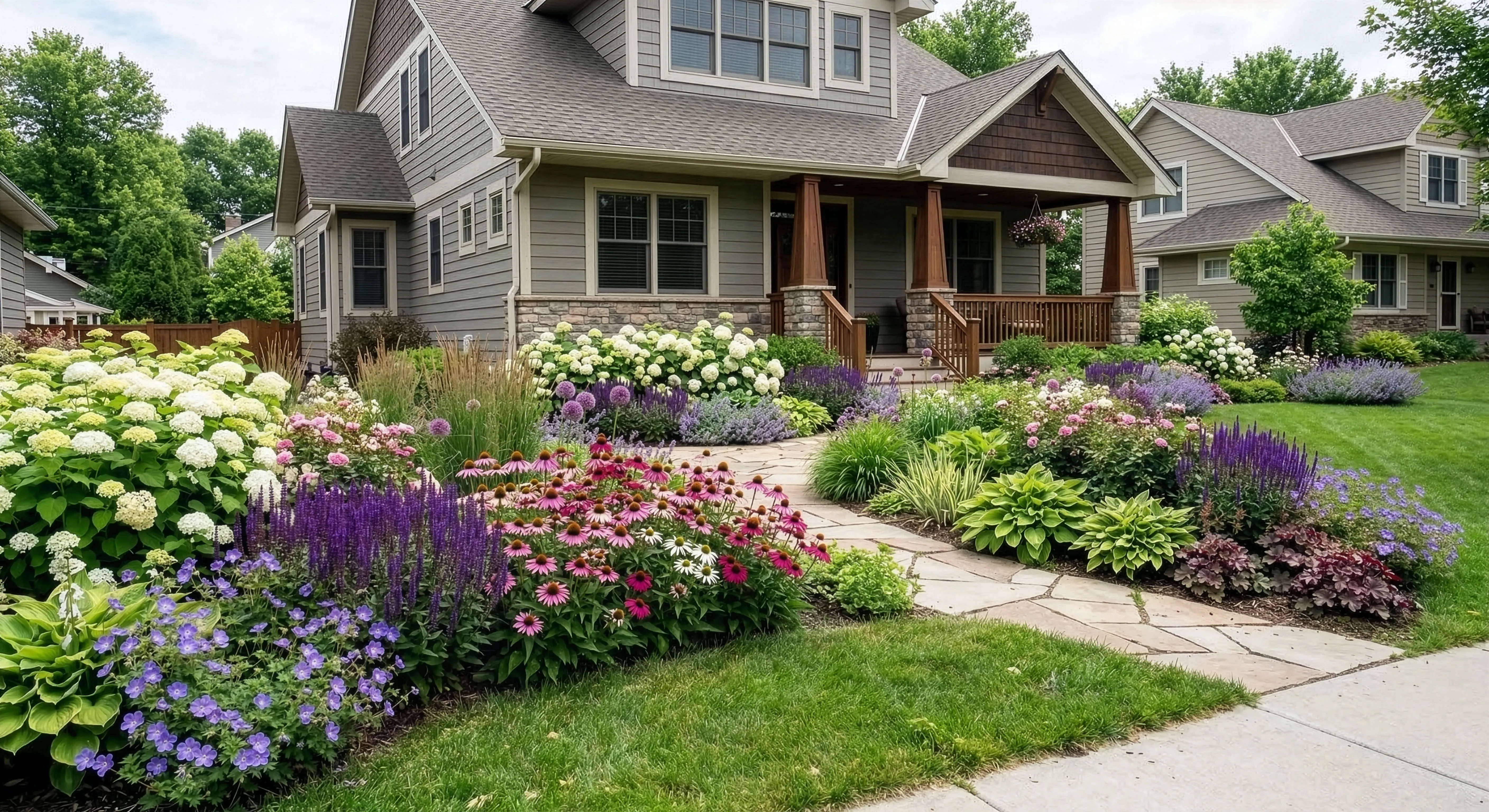 Layered summer perennial beds with white hydrangeas, pink coneflowers, purple salvia, and blue geraniums flanking a flagstone walk