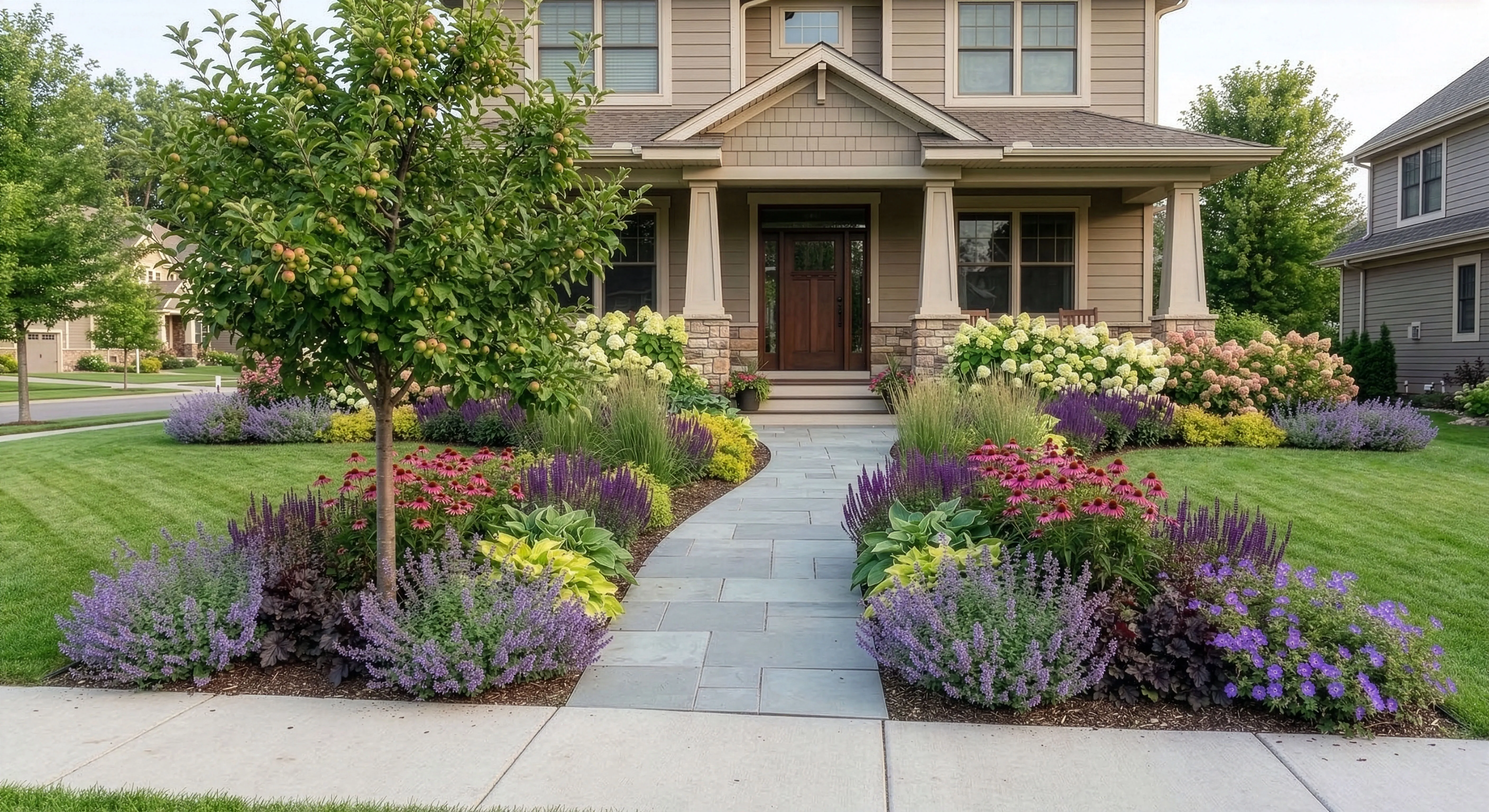 Color Infusion front yard with layered flowering plants and seasonal color