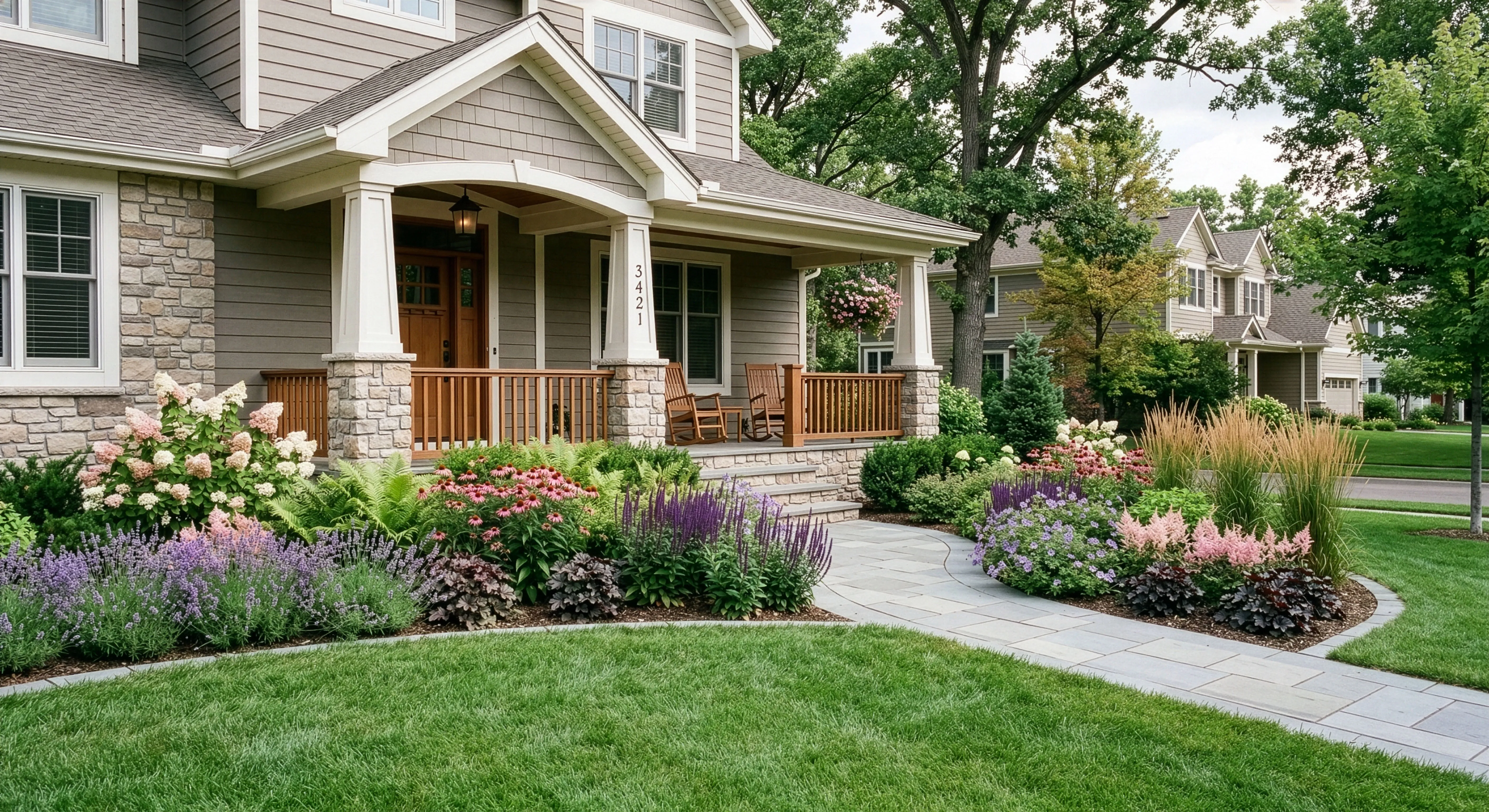 Craftsman bungalow with a covered porch and layered cottage beds of lavender salvia, pink astilbe, copper ornamental grass, and white hydrangeas