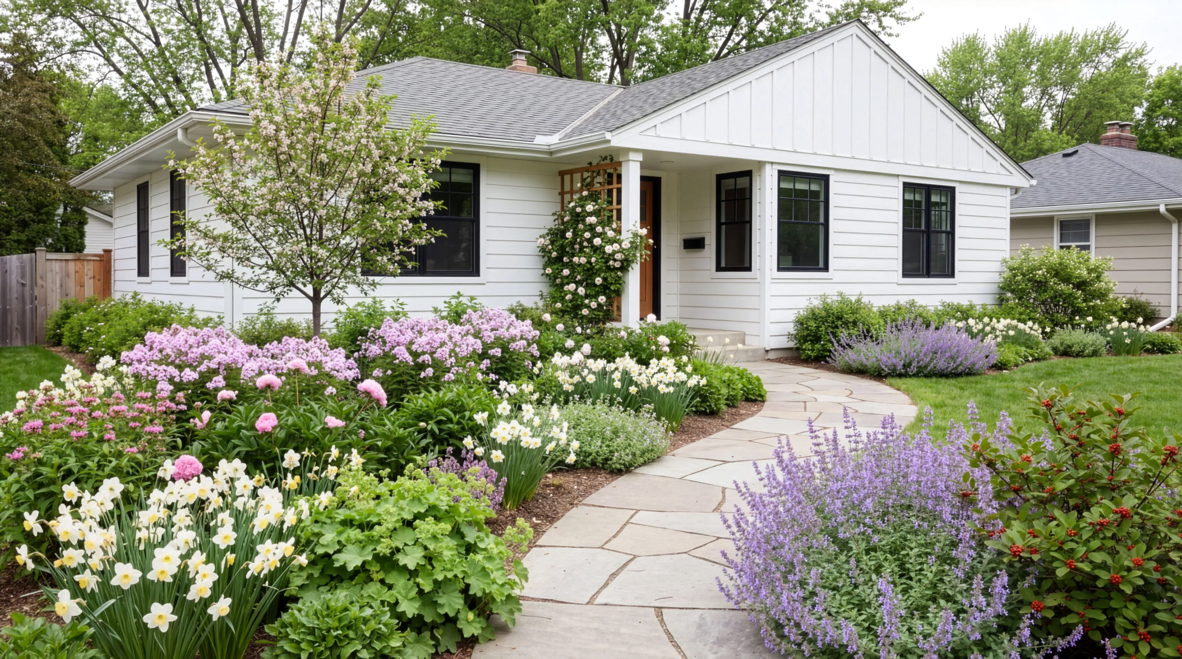 Small white ranch house with a lush cottage planting of pink alliums, white narcissus, a climbing rose, and large catmint sweeps
