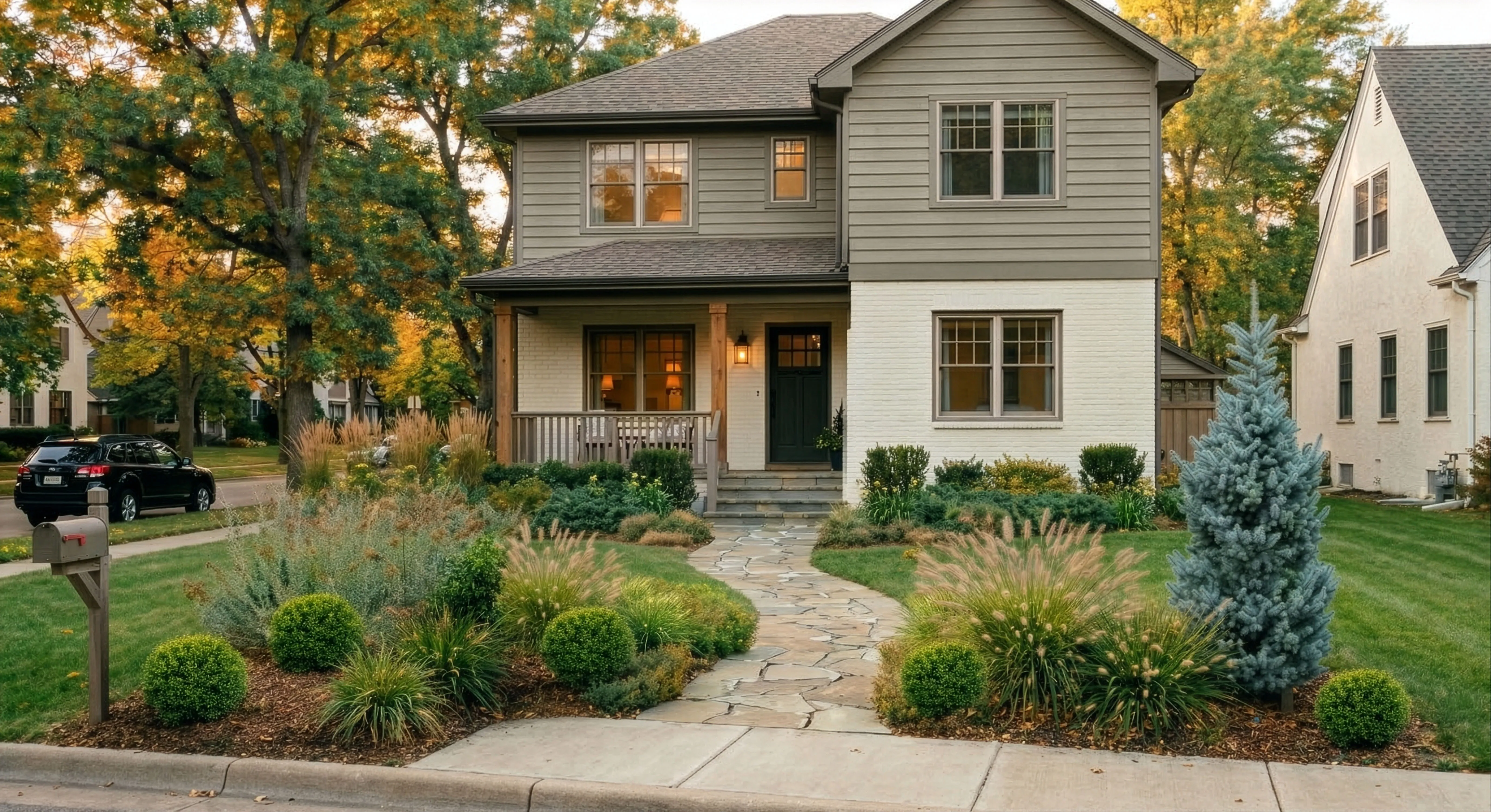 Craftsman home in October with ornamental grasses in copper and amber fall color, globe evergreen shrubs, and a blue spruce specimen