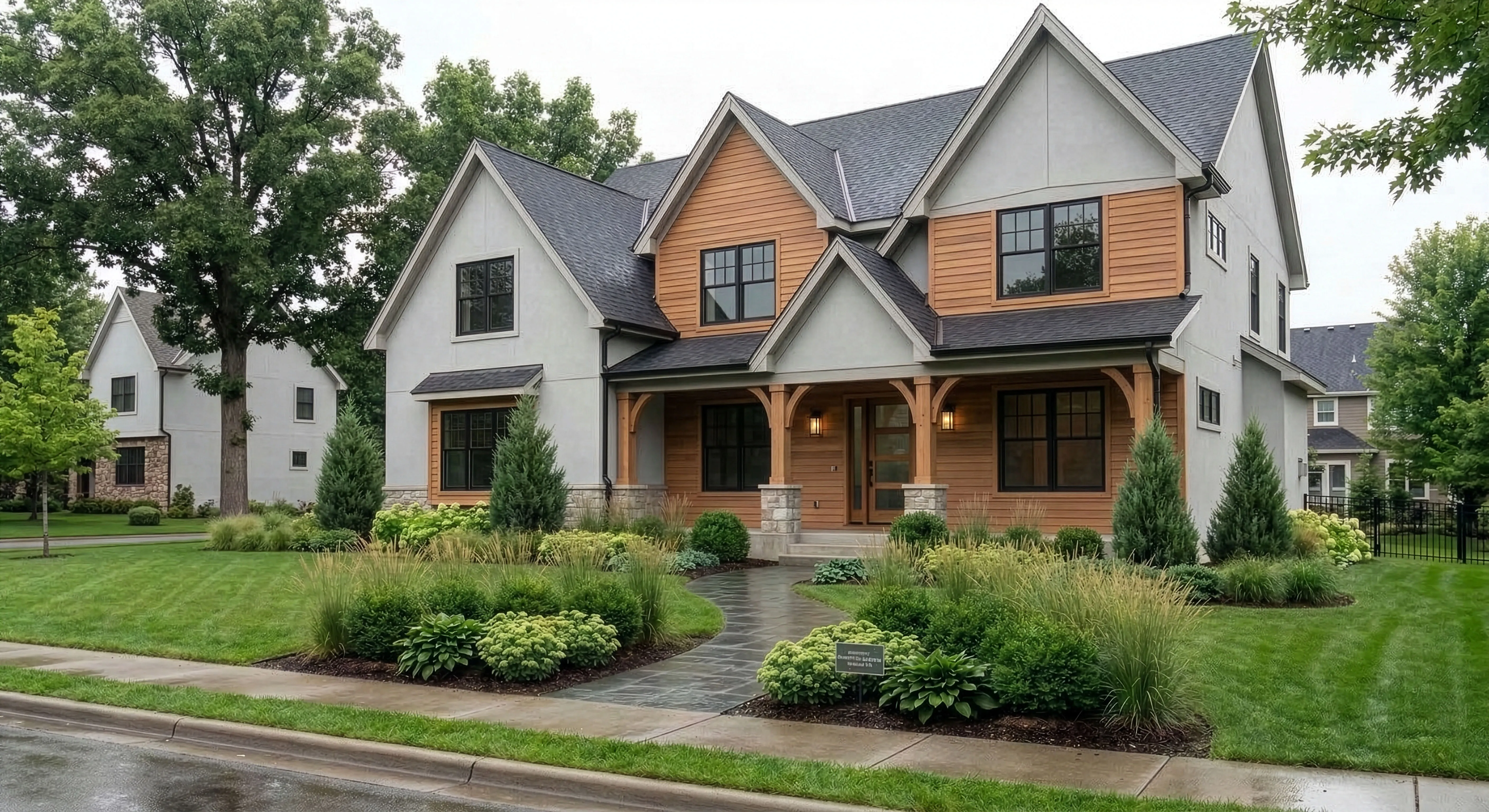 Modern Minimalist front yard with clean lines and a restrained plant palette