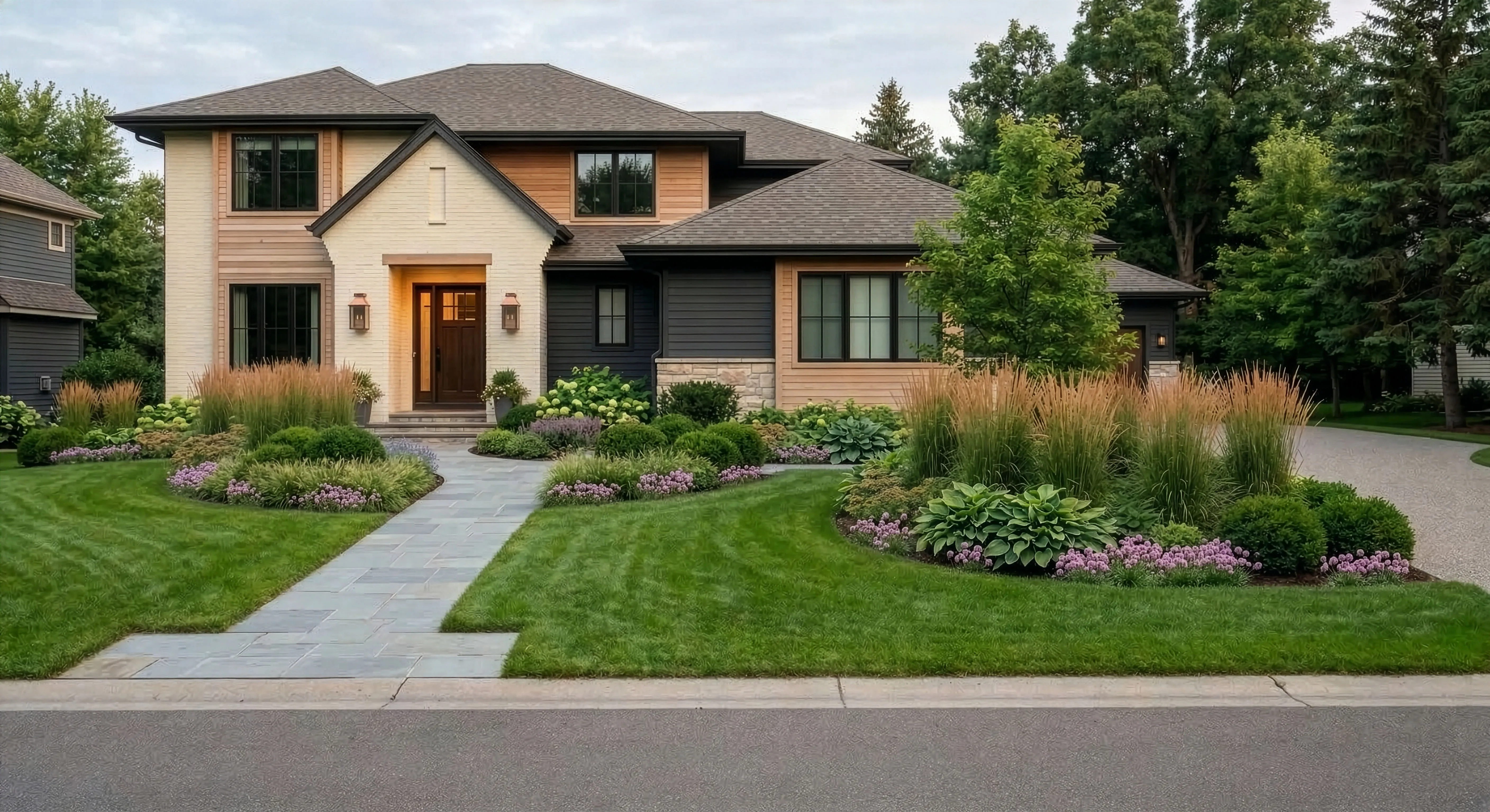 Contemporary two-story home with large sweeping beds of Karl Foerster grasses extending into the front lawn, with hostas and pink perennials