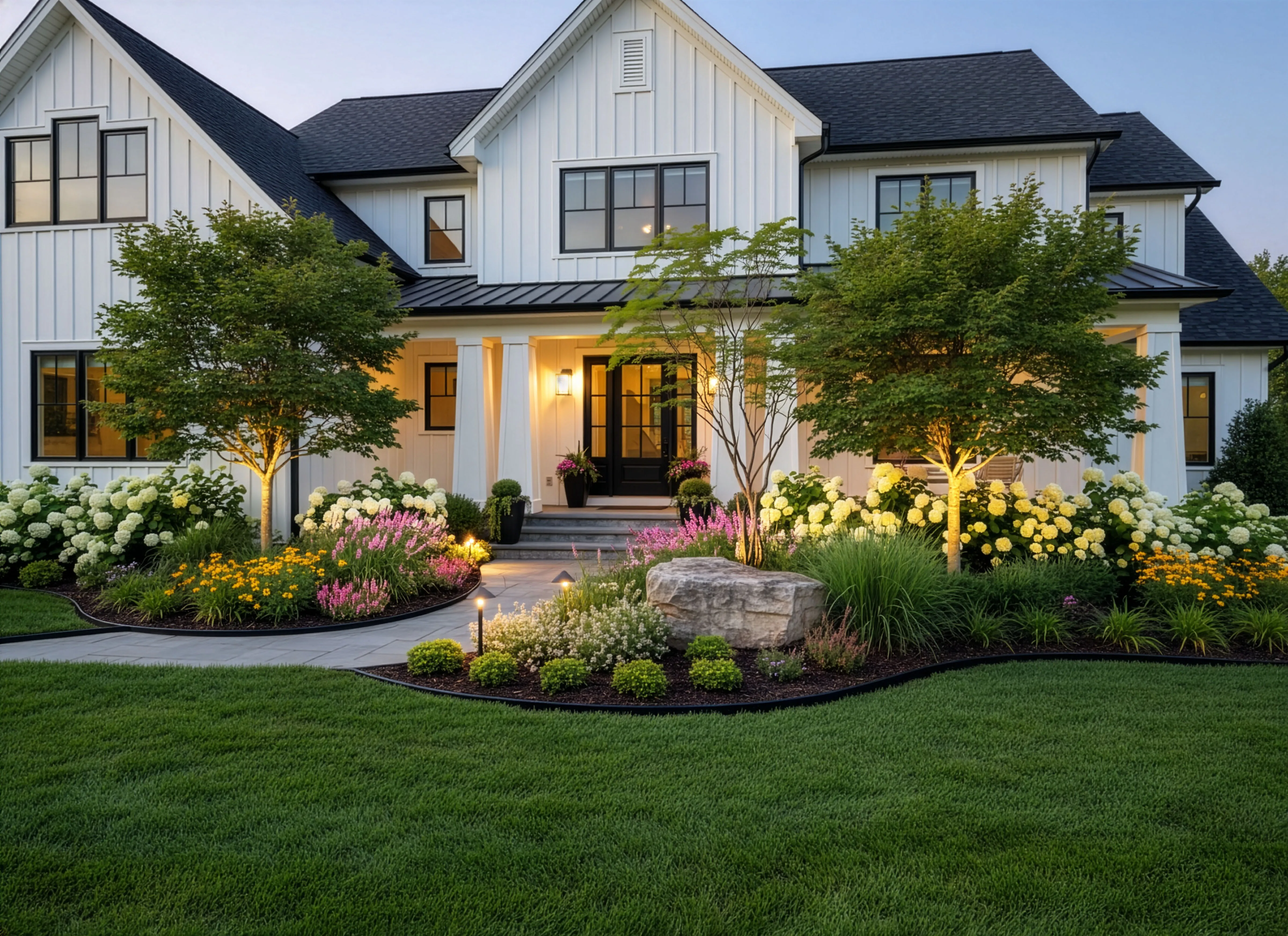 RoostPop front yard transformation with layered trees and foundation plantings