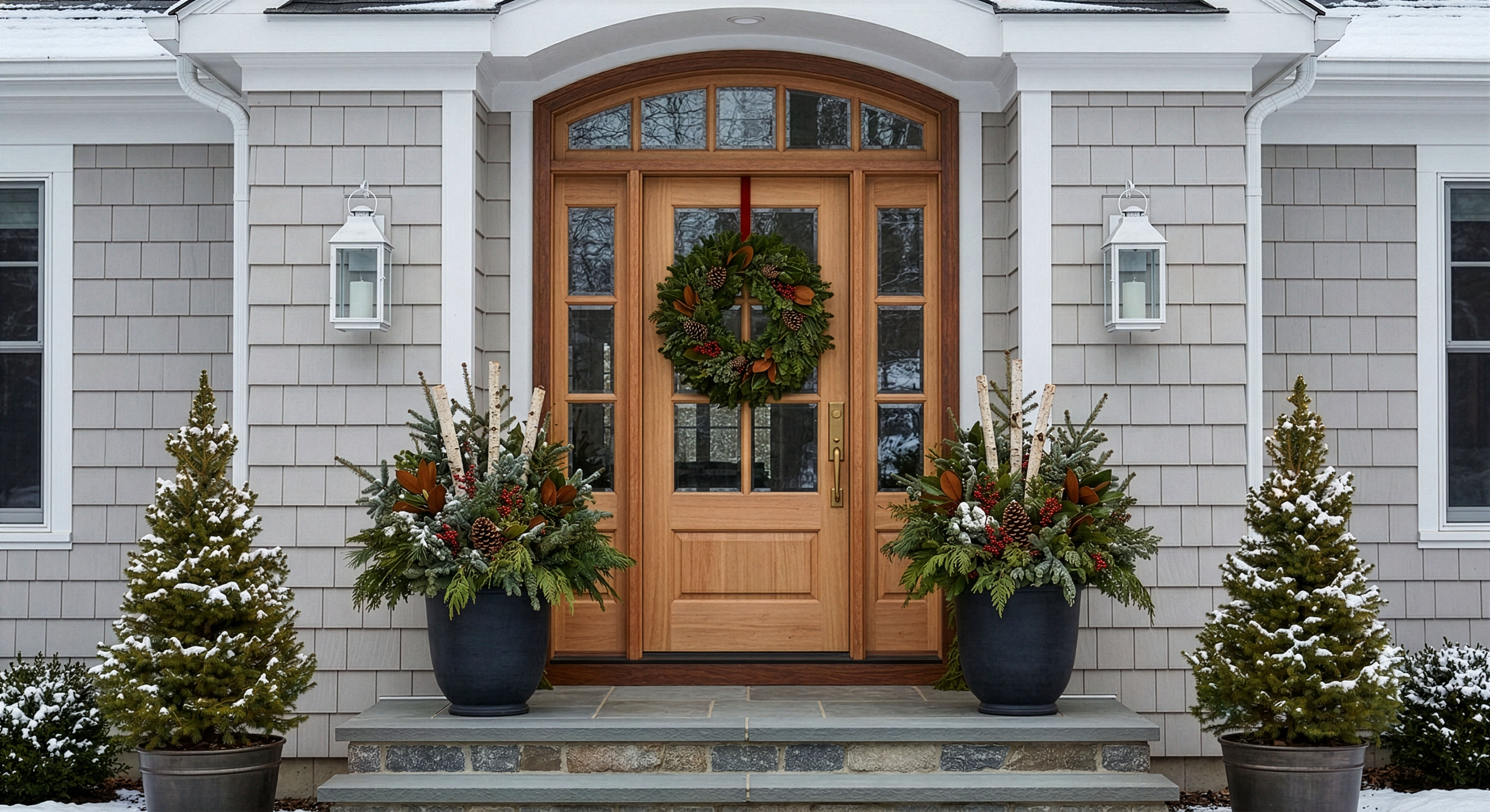 Fresh pine and cedar garland on a front porch