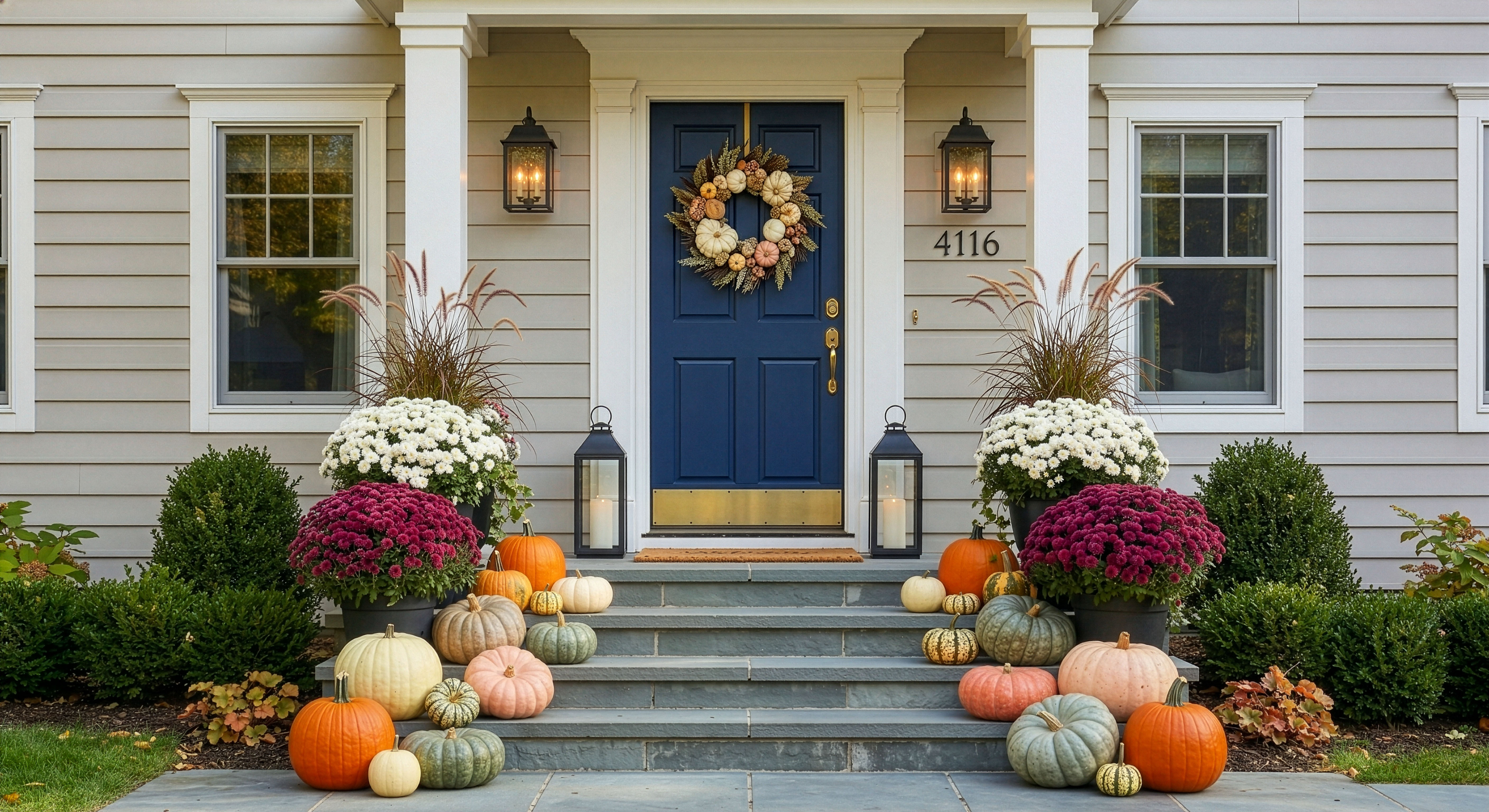 Decorative gourds and dried corn on a stoop